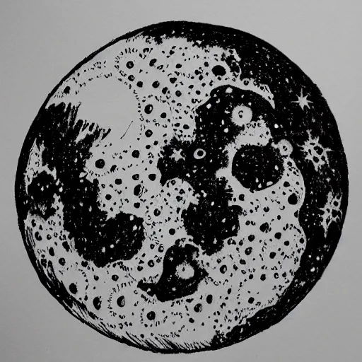 Image similar to a micron pen drawing of the moon, intricate