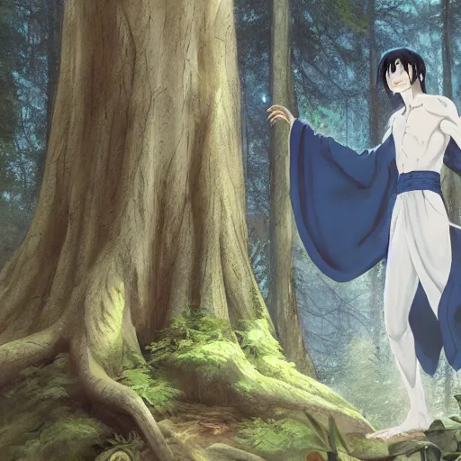 Image similar to concept art painting of an anthropomorphic humanoid white raven wearing dark blue robes, in the deep forest, realistic, detailed, cel shaded, in the style of makoto shinkai and greg rutkowski and james gurney