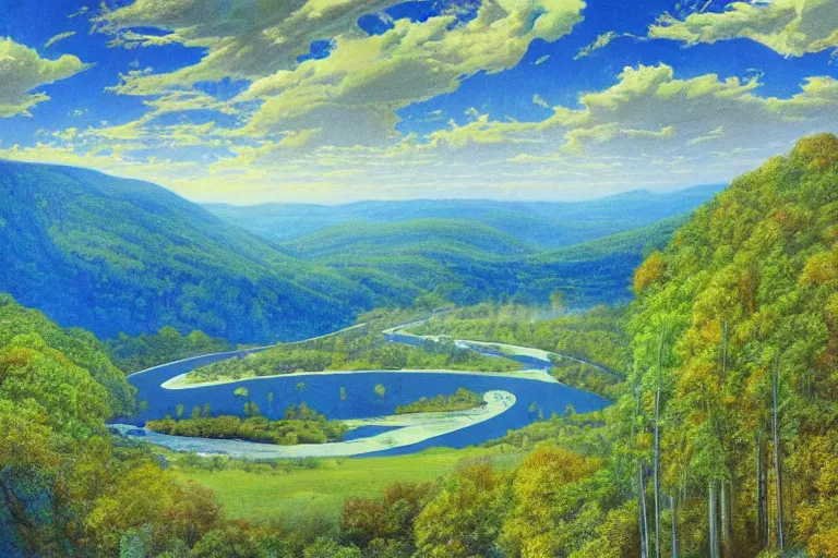 Prompt: two rivers converge to form one larger river, appalachian mixed mesophytic forest, vibrant blue sky background, by Cortes Thurman the greatest Barbizon-influenced concept artist ever known and by Joe Jusko, rendered in hyperdetailed Ultra HD, trending on ArtStation, luminous gouache on cedar plank