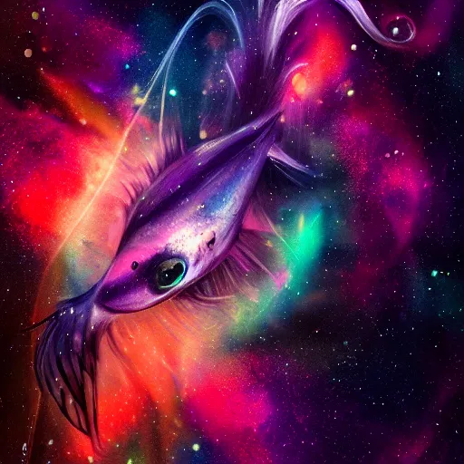 Image similar to spirit fish flying in the cosmos, beautiful nebulas, swirling cosmic clouds, galaxies, stars, 4 k, 8 k, ultra detailed, digital illustration