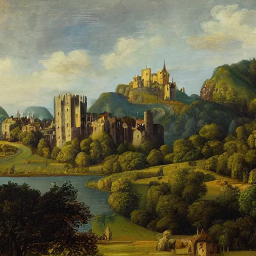 Image similar to landscape with a medieval gothic castle and a medieval village in a valley