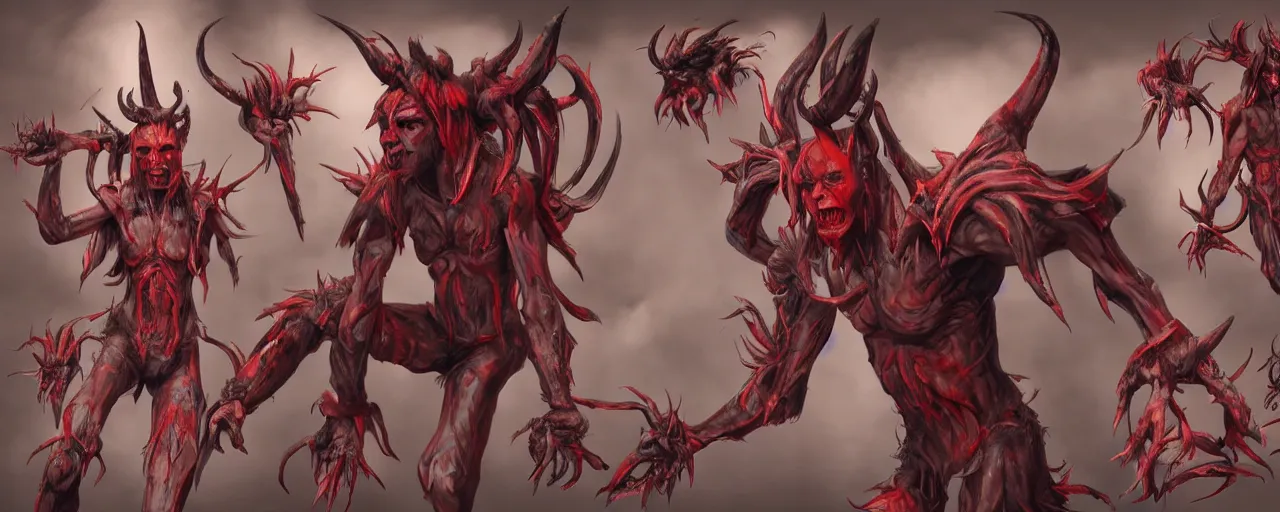 Image similar to character design, reference sheet, Young teenage demon cast out from hell, Two horns on side of head, mohawk, red skin, concept art, photorealistic, hyperdetailed, 3d rendering! , art by Marc Brunet and Gainax],