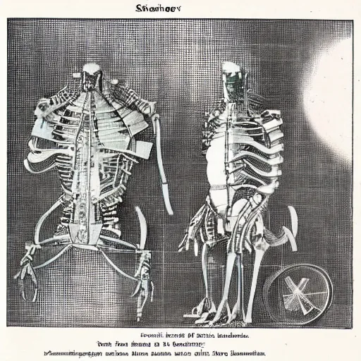 Image similar to drawing in a science book from 1900 of a cyborg, symmetrical