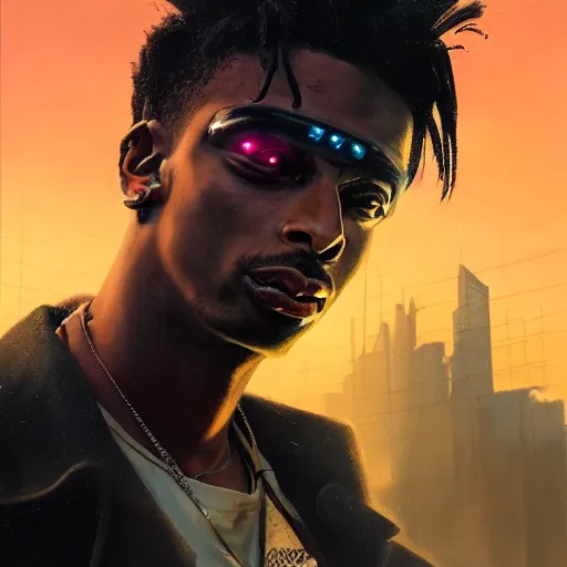 Image similar to cyberpunk, closeup portrait of a playboi carti, dramatic light, city background, sunset, dystopian setting, high contrast, sharp, neuromancer, henry dorsett case, painted by stanley lau, painted by greg rutkowski, painted by stanley artgerm, digital art, trending on artstation