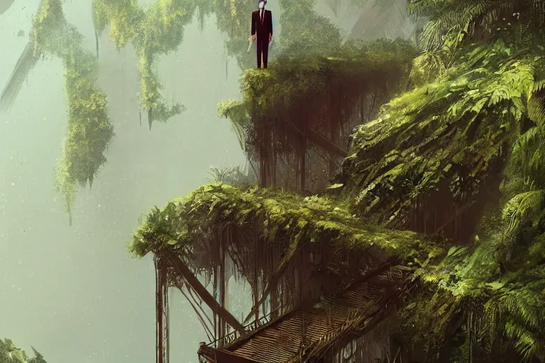 Prompt: a man in a suit walks on an old rusty bridge in a jungle, by greg rutkowski, by conrad roset, digital art, trending on artstation