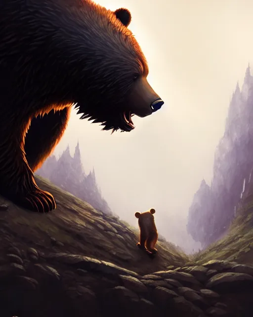 Image similar to Giant Bear scared of mouse, medium shot, D&D, artstation, fantasy, magic the gathering artwork, cinematic lighting, centered, symmetrical, highly detailed, digital painting, , concept art, smooth, sharp focus, illustration, volumetric lighting, epic Composition, 8k, art by Akihiko Yoshida and Greg Rutkowski and Craig Mullins, oil painting, cgsociety