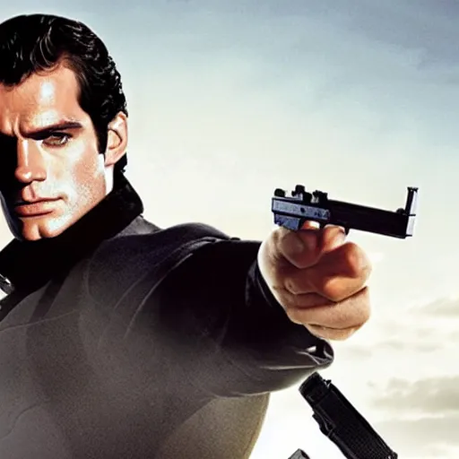 Prompt: henry cavill in goldeneye as james bond posing with pistol, promotional poster