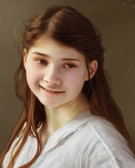 Prompt: portrait of 1 5 - year - old girl, little smile, with large front teeth, very bushy brown hair, and very bright brown eyes, wearing white shirt, hyper realistic face, beautiful eyes, close up, fantasy art, in the style of greg rutkowski, intricate, alphonse mucha, hyper detailed, smooth