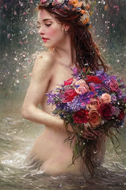 Image similar to portrait of a beautiful mysterious drenched woman holding a bouquet of flowing flowers, drenched clothing, wet dripping long hair, hands hidden under the bouquet, emerging from the water, fantasy, regal, intricate, by stanley artgerm lau, greg rutkowski, thomas kindkade, alphonse mucha, loish, norman rockwell