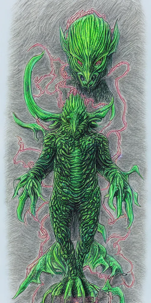 Image similar to a kaiju figurine super detailed colored pencil drawing with fluo colors