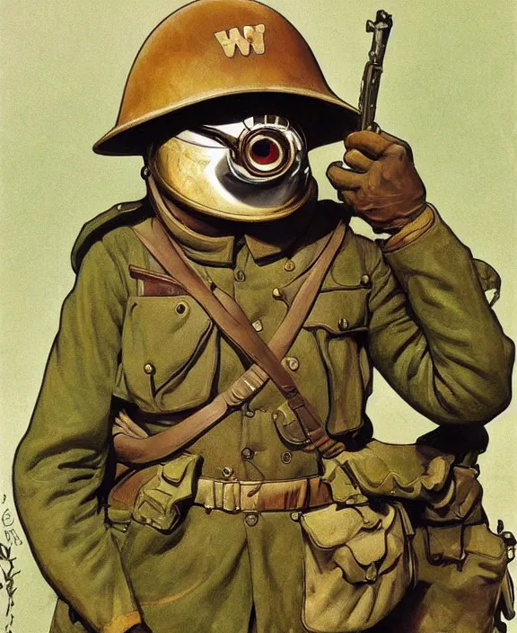 Image similar to Pepe the Frog in WW1 military uniform, Safari khaki, pith helmet, Schutztruppe, German Empire, WW1, Tooth Wu Artgerm Greg Rutkowski Alphonse Mucha Beeple