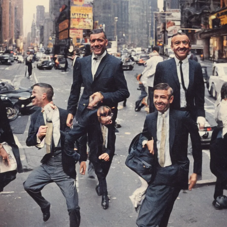 Prompt: portrait of a happy man in a suit in the streets of new york, 1 9 6 0 s, colour film street photography, photo taken with ektachrome, featured on flickr, photographed on damaged film