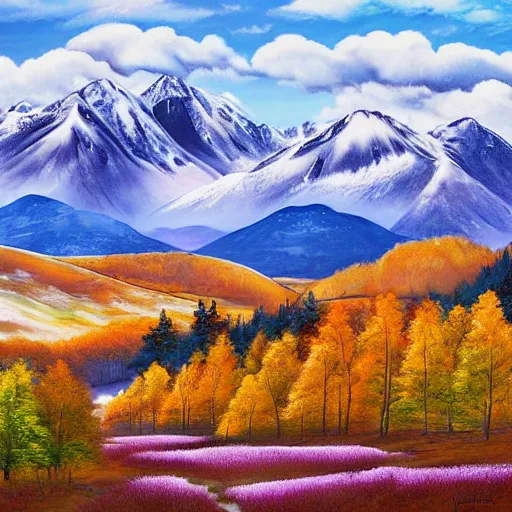 Image similar to autumnal scottish valley view with snowy mountains in the background and a deep blue sky by lisa frank and tyler edlin