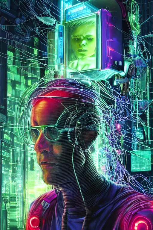 Image similar to stunning highly detailed portrait of a neuromancer hacker with cyber headgear surrounded by wires, neon colors, oil on canvas, strong lighting, by Greg Staples, by Glenn Fabry, by Josan Gonzalez, HD, 4K