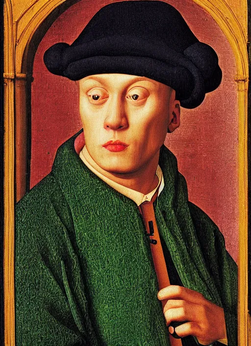 Image similar to a portrait of a person jacked into their cyberdeck by Jan van Eyck