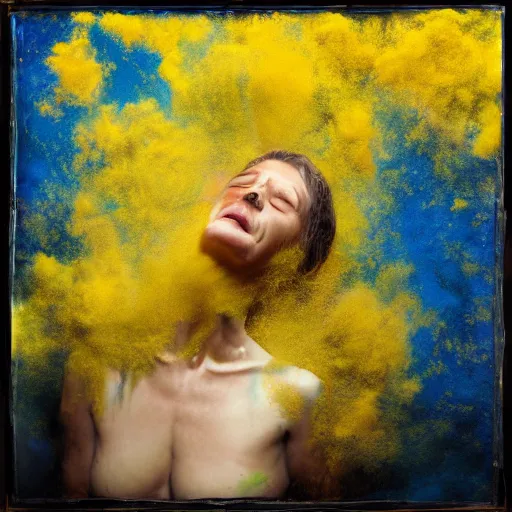 Prompt: crying woman, covered in yellow and blue clouds, by kim keever