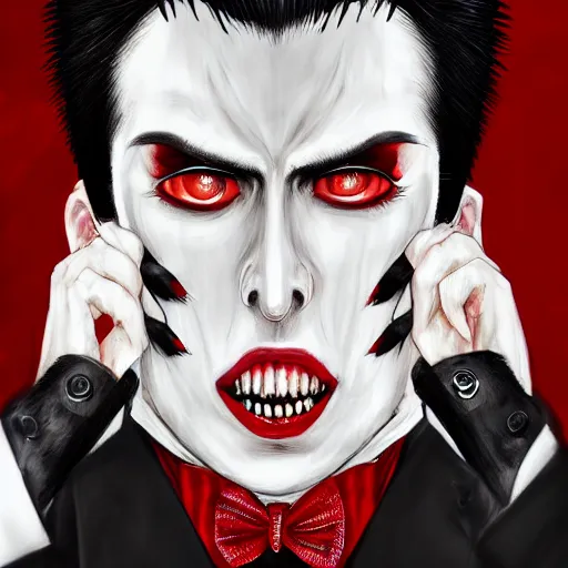 Image similar to full face shot of a butler with straight black hair, a red highlight, long bangs, with black eyes, sharp teeth, fancy bridegroom, ultra detailed, brush strokes, digital painting, cinematic, wlop artstation, pixiv, eerie, scary, intimidating glare, evil, demonic, yoshitaka amano, junji ito,