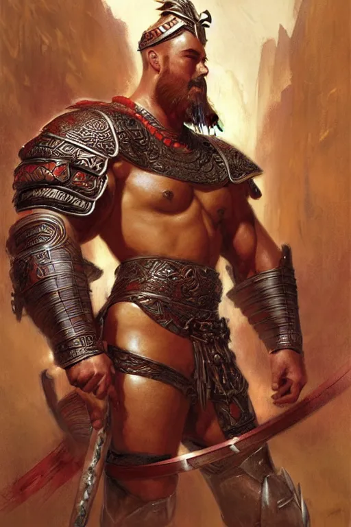 Prompt: attractive beefy male with armor, ancient china, three kingdoms, character design, dynamic lighting, colorful, painting by gaston bussiere, craig mullins, j. c. leyendecker, tom of finland