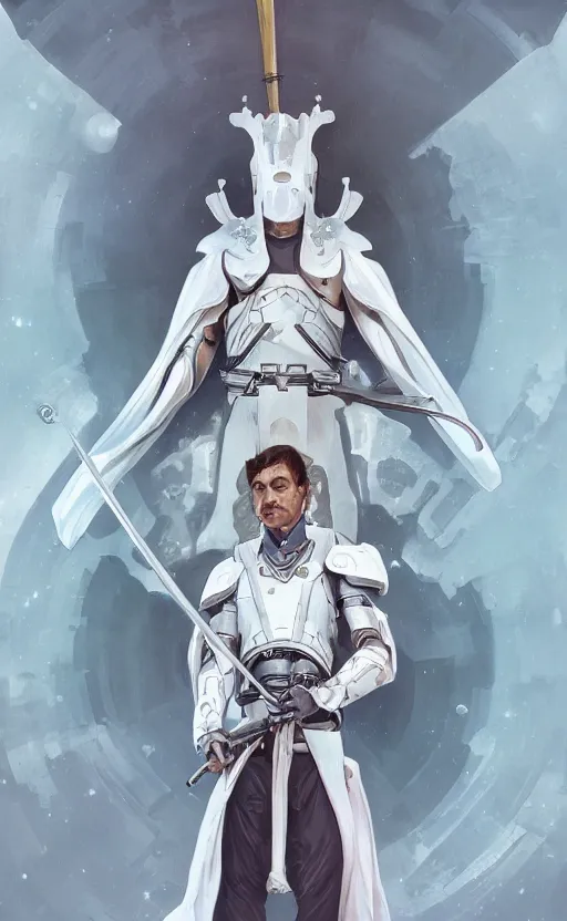 Image similar to a top view shot of a man in white futuristic armor, holding a white katana , alphonse mucha , greg rutowski, illustration, science fiction, concept art, digital painting, Trending on artstation