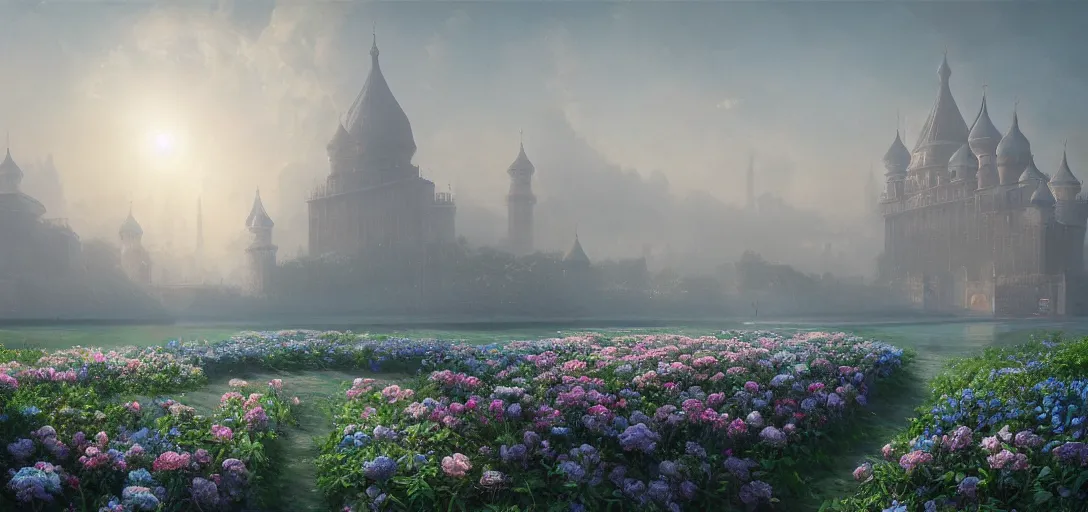 Image similar to vanishing point, palace like the kremlin in distance on a lake is covered with aqua blue roses, viewed from afar, stephen bliss, misty, unreal engine, fantasy art by greg rutkowski, loish, ferdinand knab, and lois van rossdraws,, global illumination, radiant light, minimalist, detailed and intricate environment