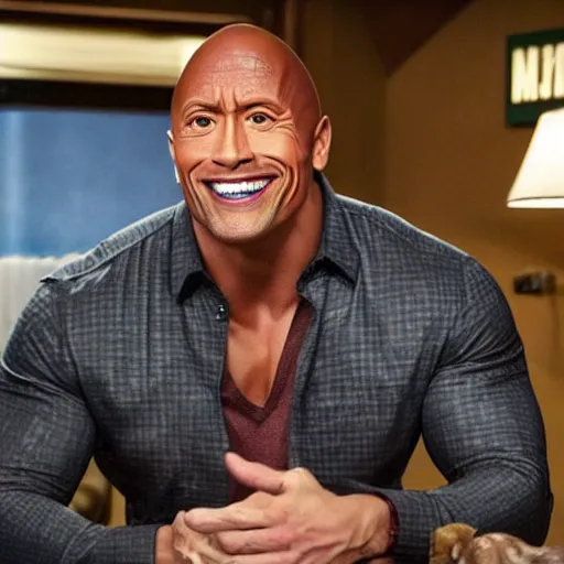 Image similar to A promotional photo of Dwayne Johnson cast as Chandler Bing in Friends; anatomically accurate; photorealistic, ultra high detail, 8k