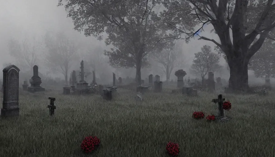 Image similar to Lonely grave in an old cemetery abandoned for centuries, grey sky, light fog, wilted flowers, hyperdetailed, artstation, cgsociety, 8k