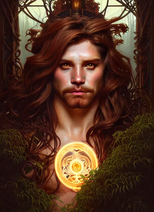 Image similar to portrait of demigod hercules, long wavy auburn hair, wild boar hide, glowing eyes, volumetric lights, forest, art nouveau botanicals, gothic, intricate, highly detailed, digital painting, artstation, concept art, smooth, sharp focus, symmetric face, illustration, steampunk, art by artgerm and greg rutkowski and alphonse mucha