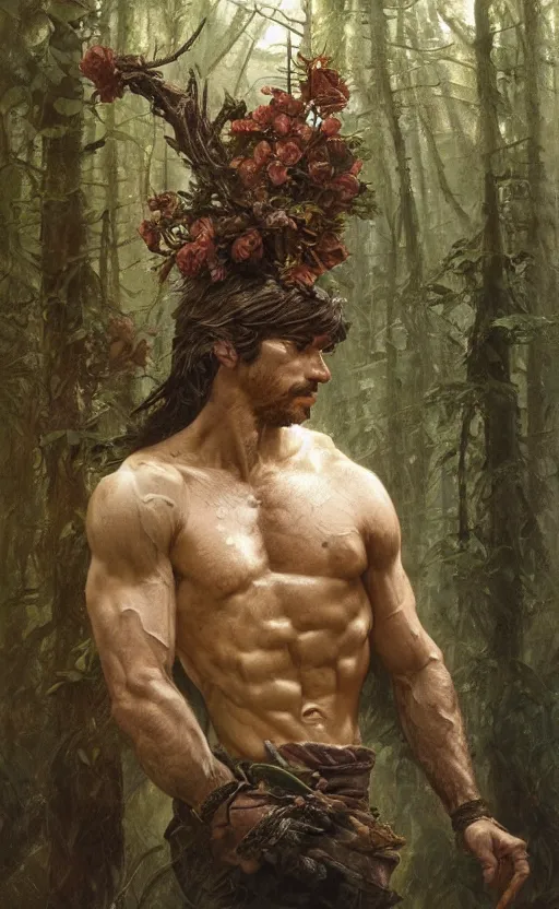 Image similar to god of the forest, 3 0 years old, rugged, handsome, male, detailed face, clean lines, atmospheric lighting, amazing, full body, flowers, muscular, intricate, highly detailed, digital painting, artstation, concept art, sharp focus, illustration, art by greg rutkowski and alphonse mucha