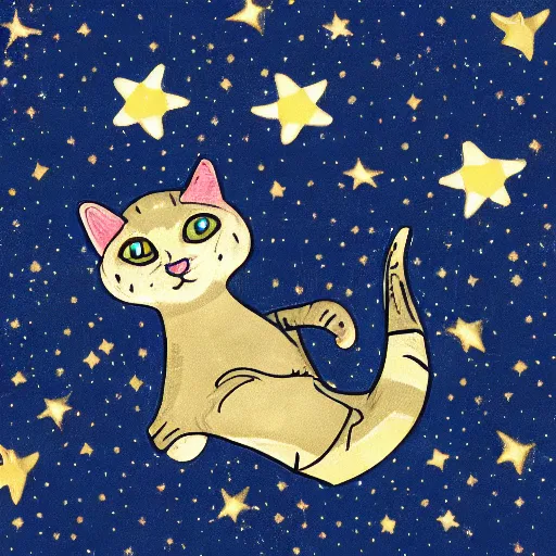 Prompt: baby wizard cat flying across the space with bright stars