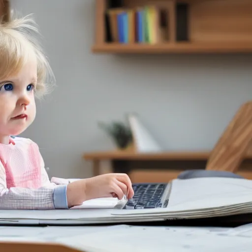 Prompt: a blonde toddler child baby girl working CAD computer drafting, civil engineer, sitting at a desk