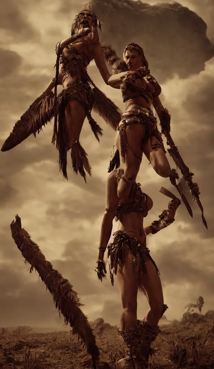 Image similar to solo ancient tribewoman standing against army,bikini inspired monster hunter,back camera, muscular, dramatic lighting, cinematic, establishing shot, extremely high detail, photorealistic, 300 the movie,cinematic lighting, artstation, octane render, western,old photo, vintage