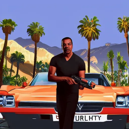 Image similar to Eddie Murphy in GTA V. Los Santos in the background, palm trees. In the art style of Stephen Bliss