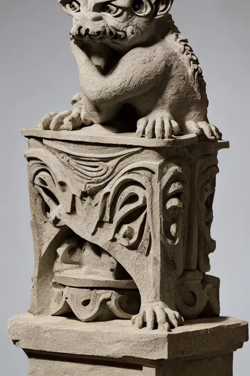 Image similar to ortographic view of a stone sculpture of a gargoyle sitting on a pedestal with intricate carvings and fine detail