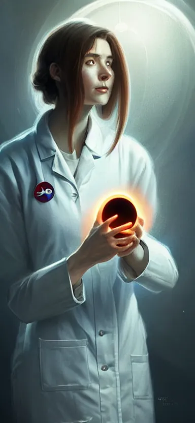 Image similar to a portrait art of a female scientist in a laboratory holding a small black hole in her hands, inspired art by istvan sandorfi and greg rutkowski, concept art, stylised, elegant, illustration, high quality, highly detailed, long hair, digital art, pinterest