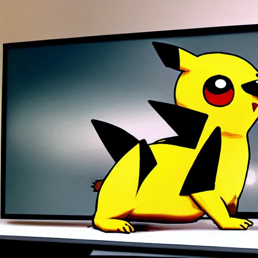 Prompt: Pikachu crawling out from TV screen