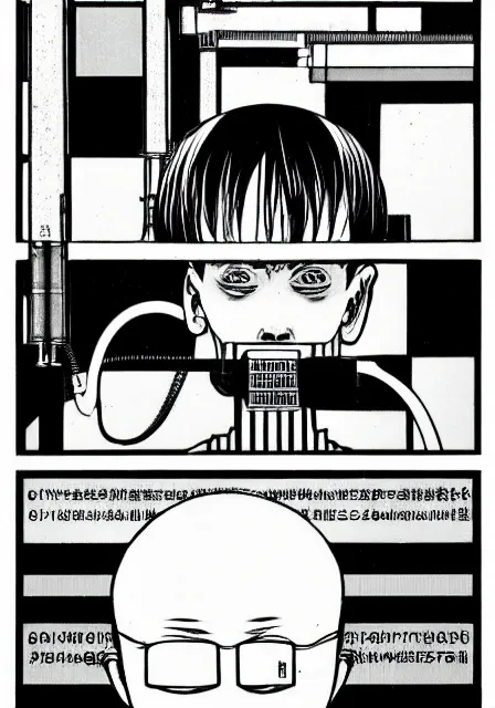 Image similar to wires, factory worker with pleasure - generating electrode in the head, by amano yoshitaka, 8 k hd, factoryjunji ito