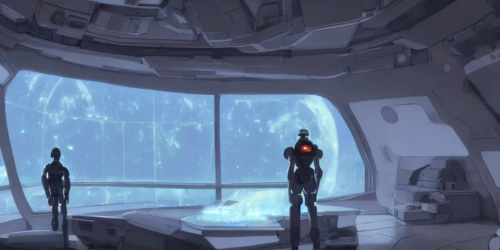 Image similar to interior of futuristic craft, mechanical, sci-fi walls, light fog, guy in a cyber-suit looking out the door at a giant planet, anime style of Studio Trigger, by Makoto Shinkai, Studio Ghibli, Miyazaki, artstation,
