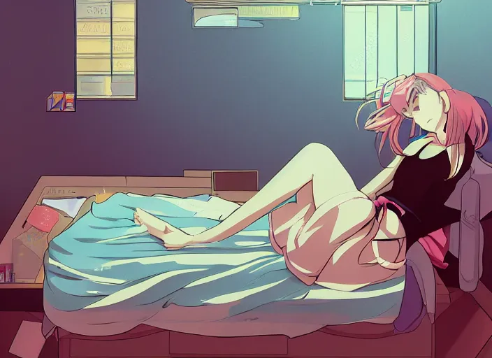 Prompt: girl laying on bed, boring, anime, 1 9 9 0 s, retro style, aesthetic, chill, room