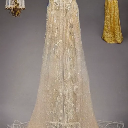 Image similar to a long wedding dress with a train made of flower petals made of light - colored fabric. transparent in places. in places, patterns of precious stones. intricate patterns of gold thin threads. fantasy. clear details