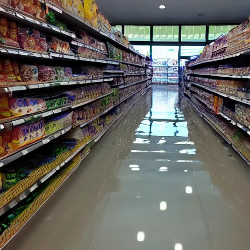 Image similar to photo of a grocery store interior, the floor is flooded with one meter deep water. eerie, volumetric lighting.