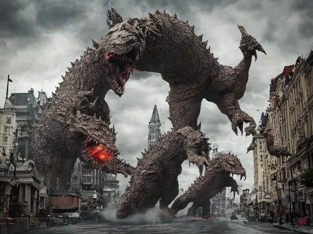 Image similar to kaiju attack in budapest photography realistic, detailed, cinematic