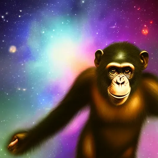 Image similar to a chimpanzee floating through outer space reaching out and touching nebula with it's finger, digital art, 8k