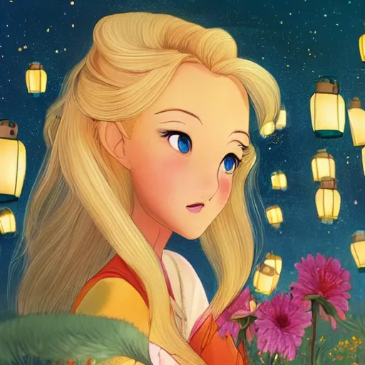 Prompt: a beautiful blonde girl with hair blowing in the wind, in a garden of lanterns and fireflies, children's book illustration by trina schart hyman, don bluth, hayao miyazaki, and ross tran