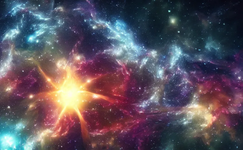 Prompt: bitcoin star system, space, volumetric light, 4 k, nebula, stars