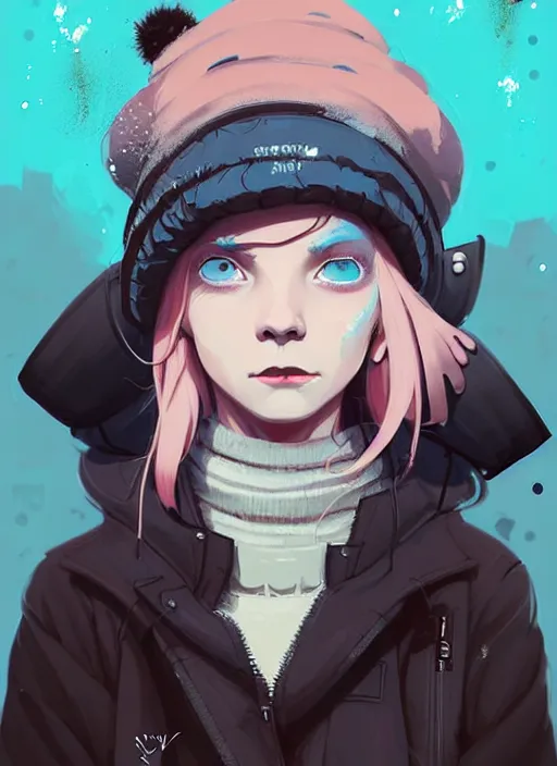 Image similar to highly detailed portrait of a sewer punk lady student, blue eyes, winter jacket, hat, white hair by atey ghailan, by greg rutkowski, by greg tocchini, by james gilleard, by joe fenton, by kaethe butcher, gradient pink, black, brown and light blue color scheme, grunge aesthetic!!! ( ( snowy graffiti tag wall background ) )