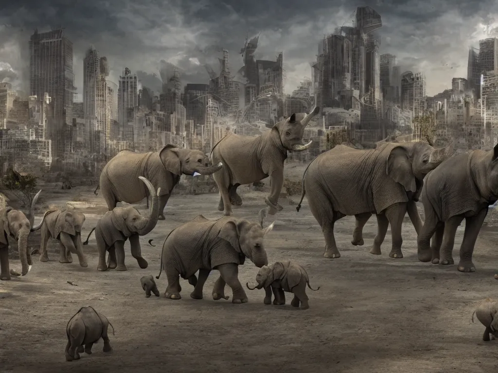 Prompt: apocalyptic city with baby elephants and baby rhino, photorealistic render