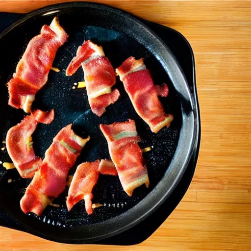 Image similar to cyberpunk bacon and eggs in pan, closeup, close angle, dramatic lighting