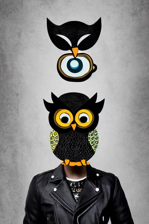 Image similar to cute owl wearing black biker jacket, portrait photo, backlit, studio photo, background colorful