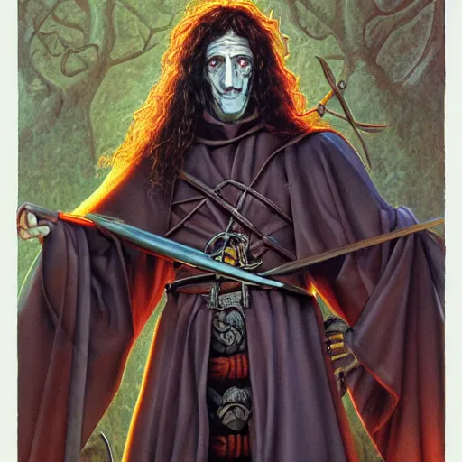 Prompt: HD character illustration high detail by Michael Whelan of %Geddy Lee% as a medieval warlock-knight.