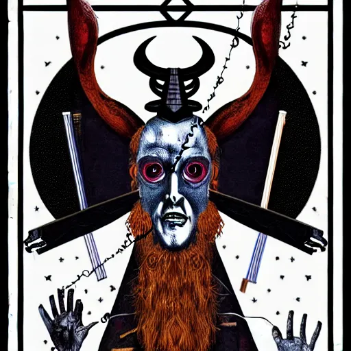 Image similar to graphic illustration, creative design, baphomet with aleister crowley, biopunk, francis bacon, highly detailed, hunter s thompson, mixed media